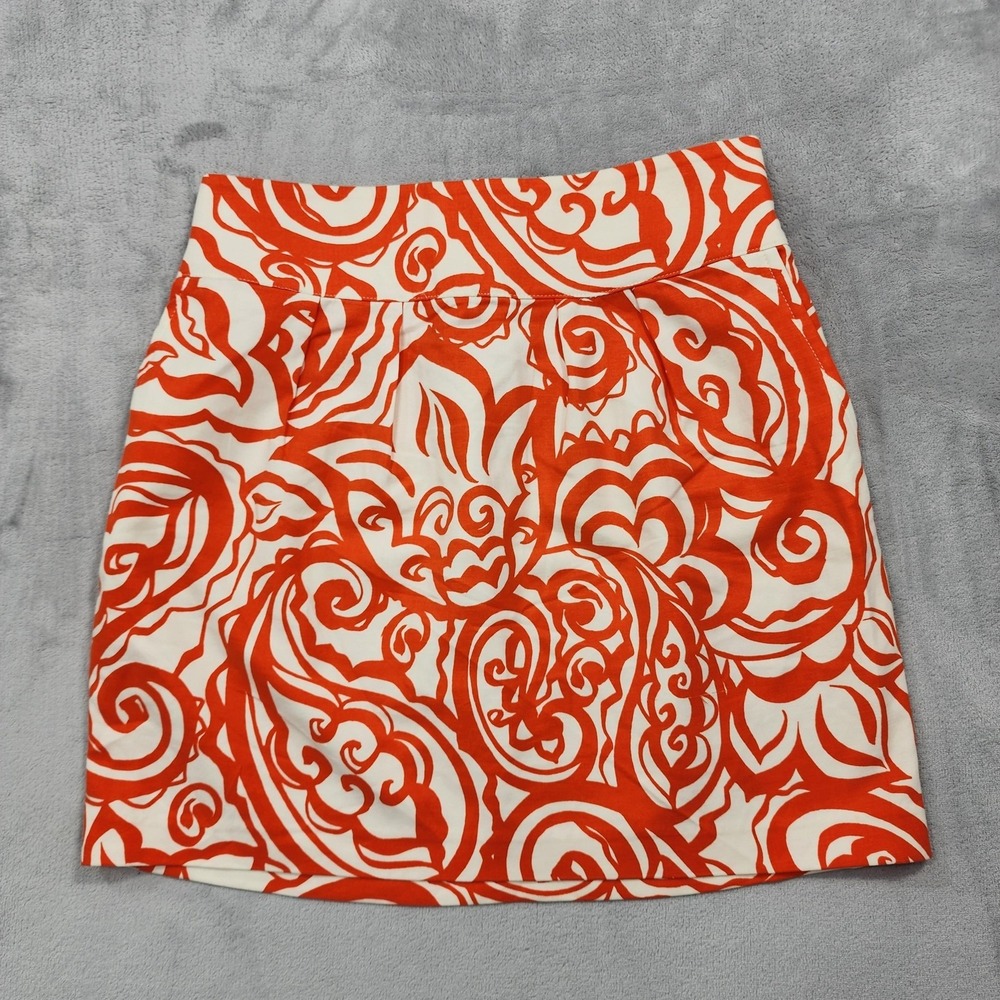 Merona Skirt Womens M Orange‎ White Paisley Mini Pockets Pleated Stretch Twill